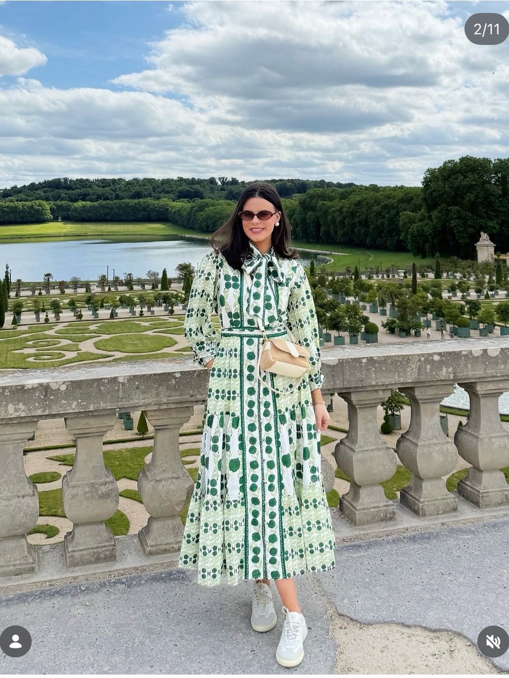 Green Printed Maxi Dress with Tie Neck and Belt